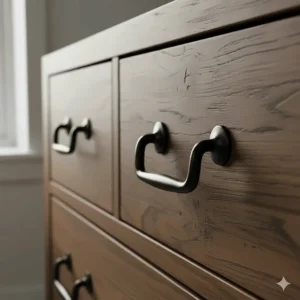 Traditional black metal cup handles on a farmhouse-style rustic chest of drawers.