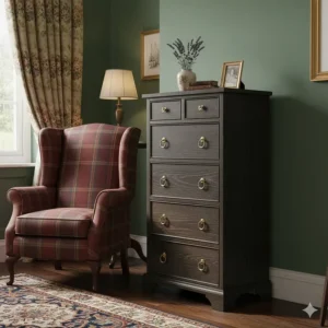 A dark wood narrow chest of drawers used as a side unit in a traditional British living room.