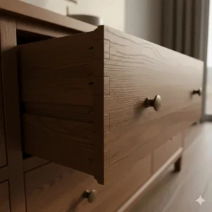 Close-up of traditional dovetail joints on a solid oak drawer, highlighting British craftsmanship and longevity.