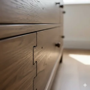 A detailed side view of professional dovetail joint craftsmanship on a rustic chest of drawers.