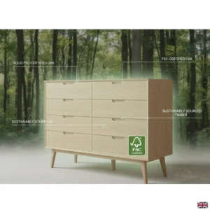 An illustration highlighting the use of FSC-certified sustainable oak in the construction of the chest of drawers.
