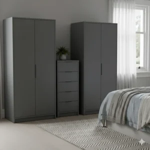A matching grey bedroom furniture set including a wardrobe and a 5-drawer chest of drawers.