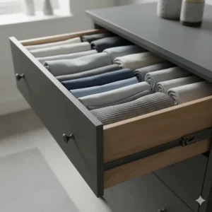 Interior view of a grey chest of drawers showing deep storage space for clothes and linens.