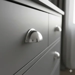 Close-up of the polished metal cup handles on a classic grey chest of drawers.