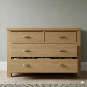 An open oak chest of drawers demonstrating deep storage space for clothes and linens.