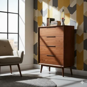 A 1960s-style walnut tallboy chest of drawers with tapered legs against a feature wall.