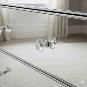 A close-up view of a mirrored drawer front featuring a decorative crystal-style handle and bevelled glass edges.