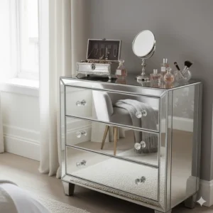 A mirrored chest of drawers used as a dressing table with a jewellery box, perfume bottles, and a vanity mirror.