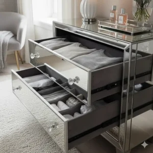 A mirrored chest of drawers with open drawers showing neatly organised clothing and grey storage dividers.