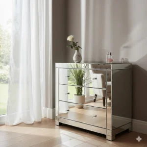 A mirrored chest of drawers reflecting natural light from a nearby window with white voile curtains.