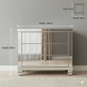 A technical illustration of a mirrored chest of drawers with labels showing height, width, and depth in centimetres.