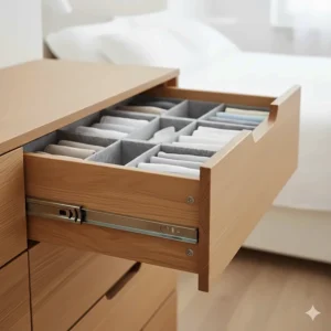 Close-up view of the smooth-glide drawer runners and spacious interior of a modern chest of drawers.