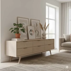 A wide modern chest of drawers used as a sideboard in a living room, featuring framed artwork and a houseplant.