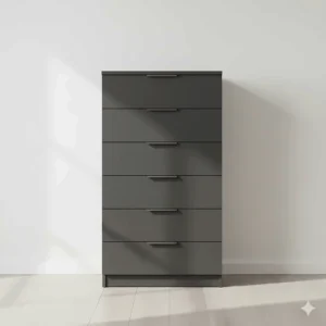 A tall grey chest of drawers with brushed chrome handles against a white wall.