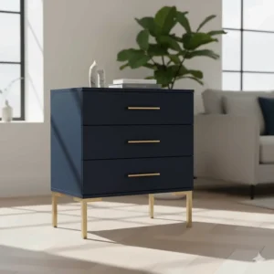 Contemporary navy blue small chest of drawers with gold legs and minimalist hardware.