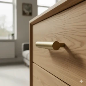 Close-up of the brushed metal handles and wood grain on a high-quality narrow chest of drawers.