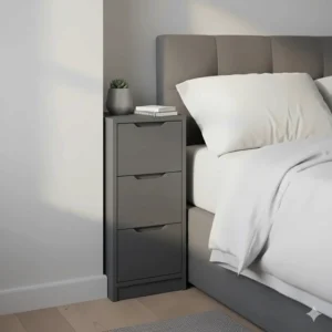 A narrow grey chest of drawers designed to fit small UK bedroom spaces or alcoves.