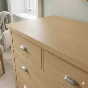 High-angle shot showing the smooth polished top surface and natural oak wood patterns.