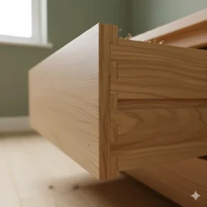 Close-up of a hand-finished dovetail joint on a solid oak drawer for added durability.