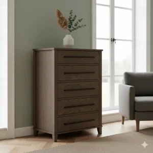 A premium five-drawer oak tallboy styled with a ceramic vase in a contemporary British living room.