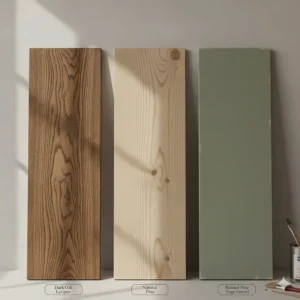 A range of wood finishes showing how pine takes paint easily while oak is often left with a natural clear lacquer.