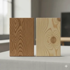 Close-up showing the tight, prominent grain of English oak versus the wider grain and knots of FSC-certified pine.