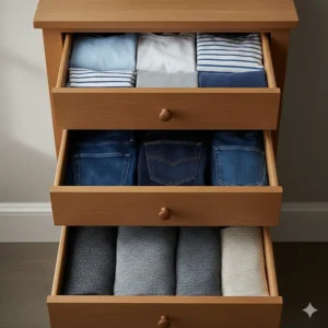 Folded clothing neatly organised inside the deep drawers of a wooden tallboy chest.