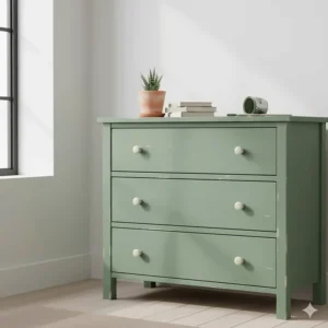 A chalk-painted pine chest of drawers in sage green, demonstrating how pine furniture is easily refurbished.