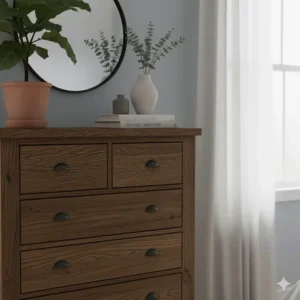 The top of a rustic chest of drawers styled with a ceramic vase, a houseplant, and a stack of books.