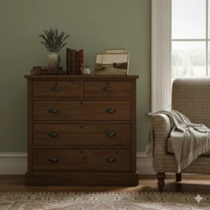 A rustic chest of drawers used as a side cabinet and styled with books in a cosy British living room.