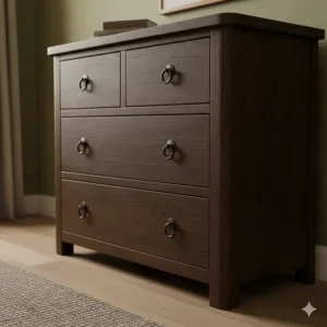 A rustic dark oak chest of drawers with rounded corners and a chunky country-style design.