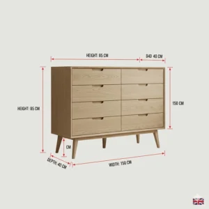 Illustration showing the height, width, and depth measurements in centimetres for a Scandinavian chest of drawers.