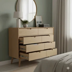 View of open drawers showing the spacious storage capacity of a 3-tier Scandinavian chest of drawers.