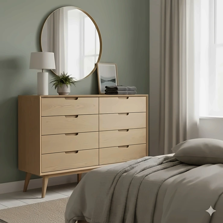 A light oak Scandinavian chest of drawers styled in a modern British bedroom with a ceramic lamp and minimalist decor. scandinavian chest of drawers