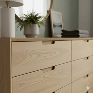 Detail of the sleek, recessed handles on a white and wood Scandinavian chest of drawers for a minimalist look.