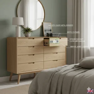 Technical illustration of the smooth-gliding soft-close drawer runners used in Scandi-style bedroom furniture.