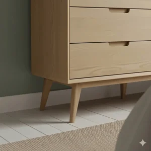 Close-up of the iconic solid wood tapered legs characteristic of Scandinavian furniture design.