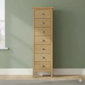 A narrow oak tallboy chest of drawers designed for smaller UK bedrooms or hallways.