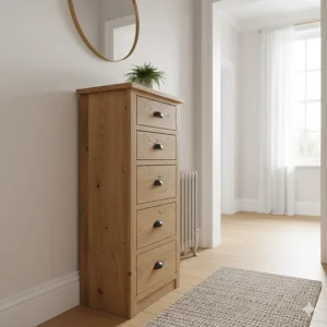 A slim, narrow rustic chest of drawers designed to fit small UK hallways or compact bedrooms.