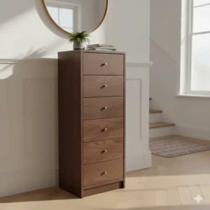 Narrow tallboy style small chest of drawers designed for a small hallway or alcove.