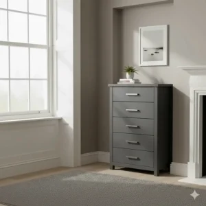 A narrow grey tallboy chest of drawers tucked neatly into a Victorian house chimney breast alcove.