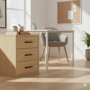 A light wood small chest of drawers used for organising stationery in a British home office.