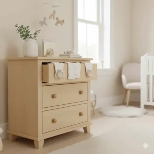 A pine small chest of drawers providing storage for baby clothes in a neutral nursery.