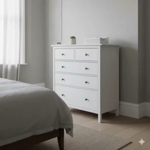 A compact white three-drawer chest, ideal for small bedrooms or guest rooms in a UK home.