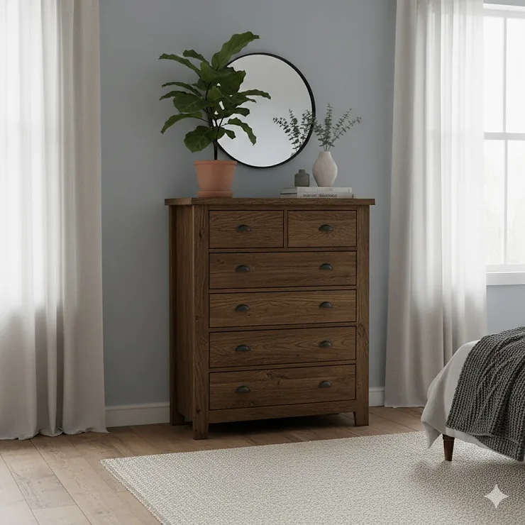 A tall, solid oak rustic chest of drawers styled in a modern British bedroom with a neutral colour palette and a houseplant on top. rustic chest of drawers