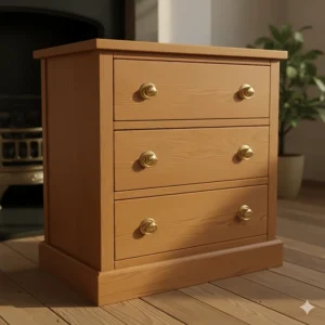 Traditional solid oak small chest of drawers with three drawers and brass cup handles.