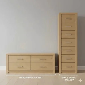 Side-by-side comparison of a wide 6-drawer chest versus a space-saving vertical tallboy chest of drawers.