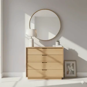 A narrow chest of drawers styled with a round mirror and a table lamp in a guest bedroom.