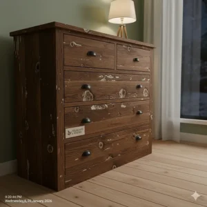 A sustainable rustic chest of drawers made from reclaimed timber, featuring a natural distressed wood finish.