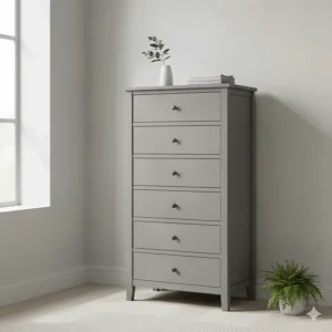 A tall narrow chest of drawers with six deep drawers, finished in a grey painted wood.